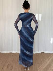 Rafferiza Women's Tie-Dye Print Ruffle Crew Neck Long Sleeve Dress Fall Cloth For Women - Blue - View 2