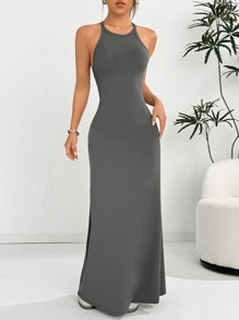 SHEIN EZwear 女士休闲无袖露背修身长裙 - 深灰色 - 查看 7