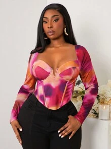SHEIN SXY Top a bustier in rete con stampa astratta tie-dye, taglia grande, novità primavera/estate 2025, adatto per vacanza al mare, San Valentino, appuntamenti, compleanni, addio al nubilato, casual, shopping, uscite, facile da abbinare, snellente, valorizza la figura