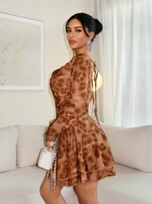 SHEIN SXY Women Leopard Print Plunging Neck Long Sleeve Fashion Dress,Brown,Autumn,70s,Club Night,Party, Valentine's Day Vacation Beach Outfit Spring Summer - Multicolor - View 5
