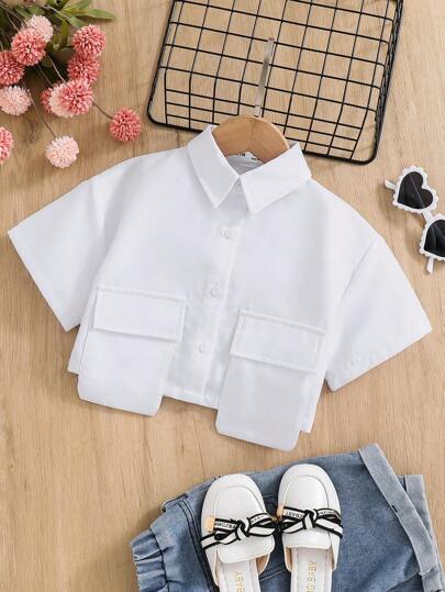 Young Girl Solid Color Woven Crop Shirt With Dual Pockets, Casual