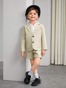 SHEIN 2pcs Young Boy British Gentleman Suit Set, Long Sleeve Blazer And Shorts, Fashion Outfit For Birthday Party, Banquet, Wedding, Baptism Anniversary - Khaki - View 4