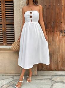 Breezaya Sleeveless Solid Color Hollow-Out Metal Decor Vacation Dress For Women