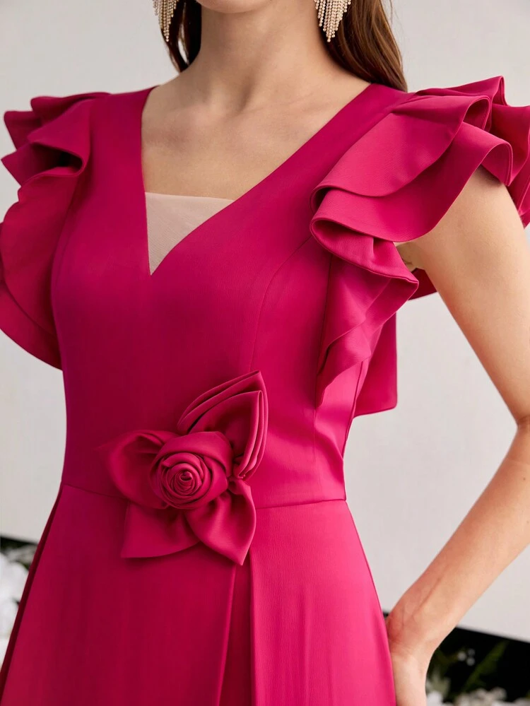 STEREO FLORAL RUFFLE TRIM DRESS