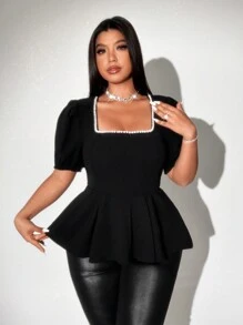 Viva Relle Plus Size Women Summer Square Neck Short Sleeve Solid Color Casual T-Shirt, Minimalist And Fashionable For Daily Wear