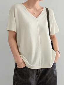 Dazy-Less Business Casual V-Neck Patchwork Design Loose Women Sweater - White - View 2