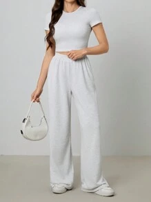 SHEIN Tall Women's Solid Color Crew Neck Short Sleeve Slim Fit T-Shirt And Sweatpants Set - Grey - View 1