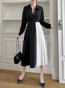DAZY Contrast Color Pleated Panel Midi Dress For Women Shirt Dress,Fall Dress Long Sleeve Dress - Black - View 3