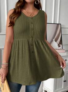 EMERY ROSE Áo tank top cỡ lớn, màu trơn, kiểu dáng thường ngày, cài cúc phía trước, thích hợp cho mùa hè. - xanh quân đội - Xem 3