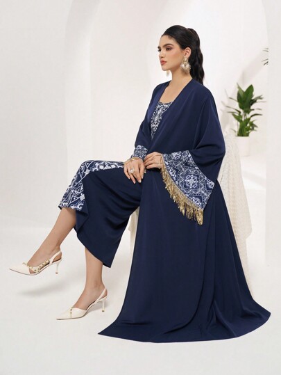 Al Najma 2 件套女士纯色拼接长袖夹克和连衣裙阿拉伯风格服装套装
