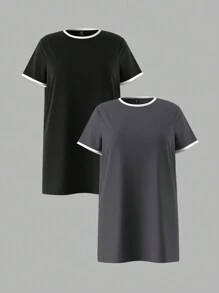 SHEIN BASICS Set de 2 vestidos casuales de punto de unicolor, cuello redondo, manga corta, talla grande - Multicolor - Ver 1