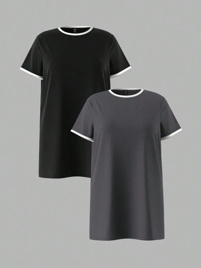 SHEIN BASICS 2pcs/Set Casual Solid Color Knitted Round Neck Short Sleeve Plus Size Dress