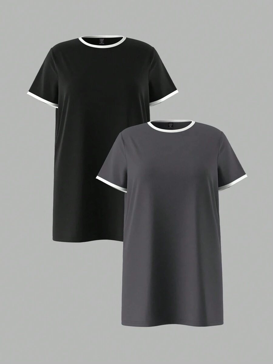 SHEIN BASICS Set de 2 vestidos casuales de punto de unicolor, cuello redondo, manga corta, talla grande - Multicolor - Ver 1