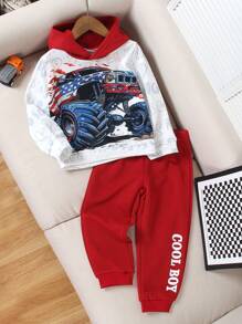 SHEIN 2 pièces/Ensemble sweat-shirt à capuche et pantalon oversize pour jeunes garçons avec imprimé voiture tout-terrain et lettres artistiques. Le sweat-shirt à capuche contrasté apporte des couches visuelles et une allure mode. Tissu doux et agréable sur la peau avec des poignets de jambe élastiques. Convient pour le quotidien, les sports, l'école et les activités extérieures.