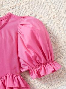 SHEIN 女婴可爱荷叶边短袖休闲粉色连衣裙 - 玫紅色 - 查看 5