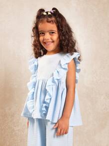 SUMWON 纹理针织荷叶边袖两件套女童套装夏季休闲阔腿春季假日套装日间特殊场合儿童套装