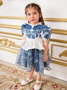 SHEIN 2pcs Baby Girl Elegant & Ruffled Peter Pan Collar Puff Sleeve Waisted Shirt And Skirt Set - Blue - View 4