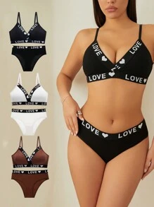 Set de 6 piezas de ropa interior cómoda para mujer, con letras y corazones de punto