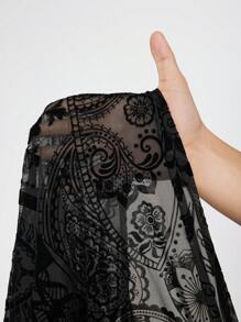 SHEIN ICON Plus Size Ruffle V-Neck Long Knit Sweater Top, Thermal Lined Long Top - Black - View 8