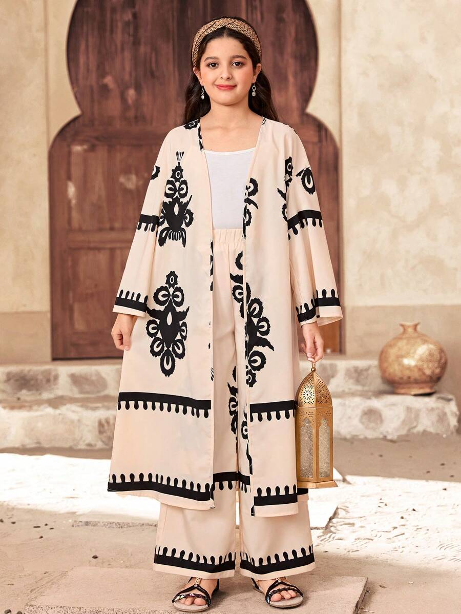 SHEIN 2pcs/Set Tween Girl Loose Casual Pattern Front-Opening Top & Pants Set - White - View 1