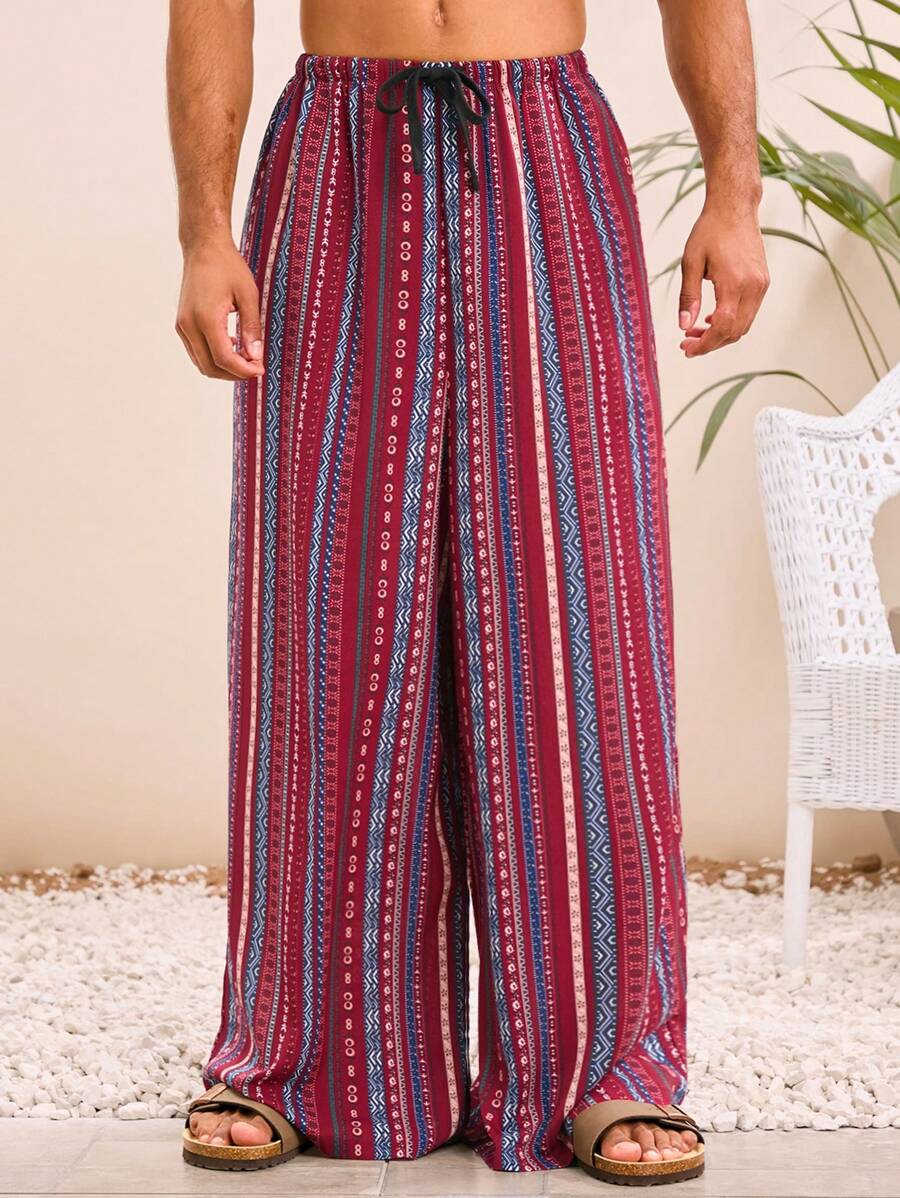 Manfinity VCAY Men's Lightweight Woven Casual Elastic Waist Loose Boho Retro Print Oversize Beach Pants, Summer Beachwear - Burgundy - View 1