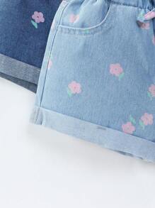 Denimly Young Girls 2pcs/Set Casual Urban Cute Floral Print Denim Shorts With Elastic Waist, Ruffled Hem And Bow Accent