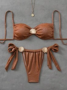 Swim SXY Women Summer Solid Shiny Metallic Shell Embellished Halter Sexy Two Pieces Bikini Set - Brown - View 2