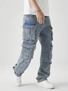 Chillumni Men's Casual Washed Straight Leg Cargo Jeans