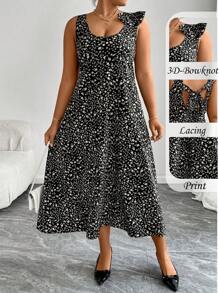SHEIN Clasi Váy yếm nơ hoa phong cách Pháp cổ điển cỡ lớn, Xuân/Hè - màu đen - Xem 1