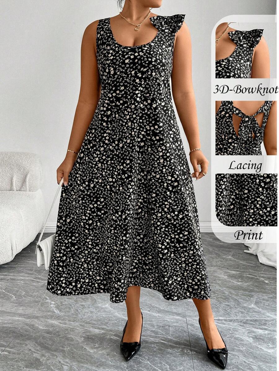 SHEIN Clasi Váy yếm nơ hoa phong cách Pháp cổ điển cỡ lớn, Xuân/Hè - màu đen - Xem 1