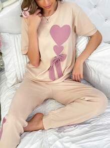 Conjuntos de pijama de mujer de manga corta con lazo, bordado de corazón y color contrastante de corte holgado