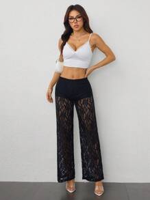SHEIN PETITE Women's Solid Color Lace Sheer Long Pants - Black - View 4