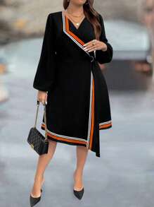 SHEIN Clasi Plus Size Women Colorful Ribbon Lantern Sleeve Dress - Black - View 3