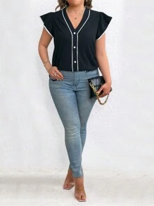 SHEIN Unity 大码女式黑白 V 领休闲短袖衬衫，夏季