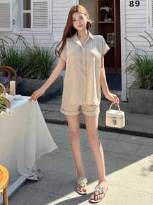 DAZY Bộ 2 món áo sơ mi và quần short kẻ sọc dành cho nữ, kiểu dáng thường ngày, thời trang, chất liệu vải lanh, thích hợp mặc hàng ngày. - Màu Khaki - Xem 7