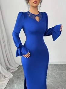 Modelyn Long Sleeve Lace Patchwork Fitted Ruffle Hem Dress For Women - Blue - View 3