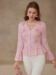 MOTF PREMIUM 贴花荷叶边下摆衬衫 - 粉色 - 查看 1