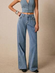 Poéselle Women's Jeans Pocket Rivet Decoration Women's Relaxed Fit Straight Leg Jeans With Pockets Summer Women Outfit Baggy Jeans Summer Clothes Low Rise Jeans Western Wear Women Y2k Spring Women Outfits Baggy Women Jeans Women Clothing Baggy Pants Cowgirl Women Outfits Bottoms Concert Women Outfit Wide Leg Pants Denim Cowgirl