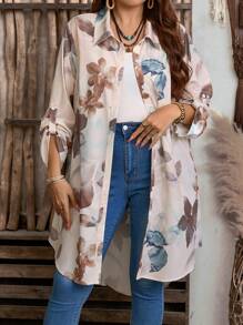 EMERY ROSE Plus Size Floral Print Roll Up Sleeve Casual Vacation Shirt Spring Outfits For Women West Country