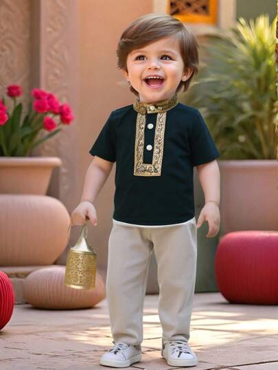 SHEIN Leap Crew 2pcs/Set Baby Boy Cute Black Stand Collar Short Sleeve Top & Drawstring Waist Khaki Long Pants Suit, Suitable For Birthday Party, Evening Party, Performance, Wedding, 1 Month, Baptism And First Birthday Celebration