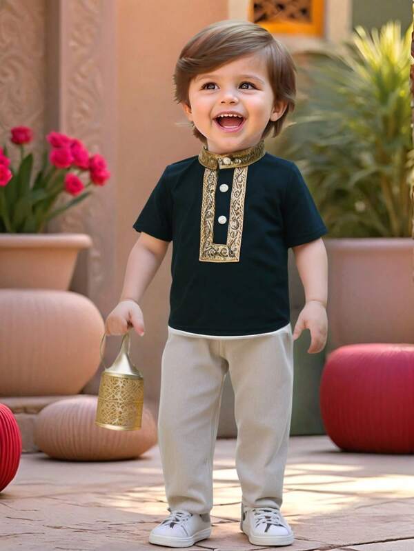 SHEIN 2pcs/Set Baby Boy Cute Black Stand Collar Short Sleeve Top & Drawstring Waist Khaki Long Pants Suit, Suitable For Birthday Party, Evening Party, Performance, Wedding, 1 Month, Baptism And First Birthday Celebration