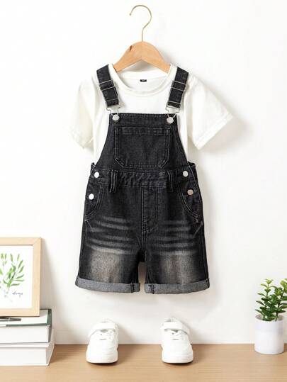 SHEIN Young Boys Vintage Washed Black & Grey Classic Distressed Rolled Hem Denim Suspender Shorts, Casual & Simple Design