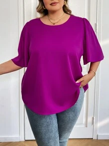 SHEIN CURVE+ Camisa de mujer de tallas grandes de cuello redondo y mangas acampanadas en unicolor
