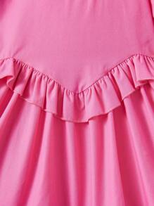 SHEIN 女婴可爱荷叶边短袖休闲粉色连衣裙 - 玫紅色 - 查看 4