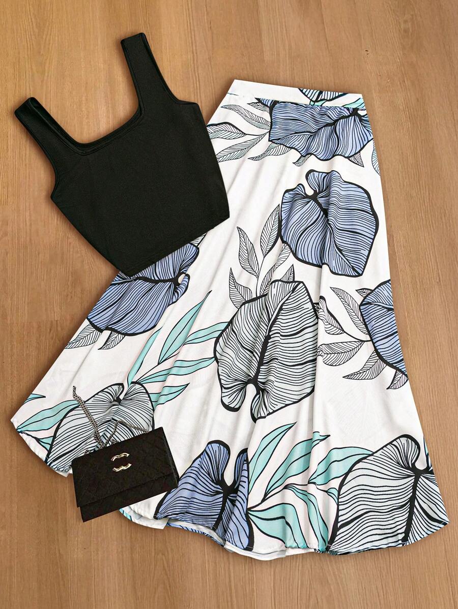 SHEIN LUNE 大码女式夏季方领无袖弹力针织背心和高腰开衩叶子印花 A 字型长裙 2 件套，可与其他上衣或下装单独穿着，适合海滩度假、郊游、休闲约会、工作通勤、返校等。 - 彩色 - 查看 1