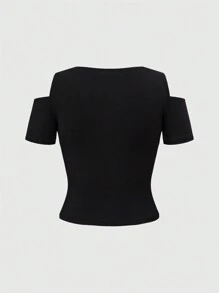 ROMWE Grunge Punk Vintage Sexy Open Shoulder Leopard Print Cross Rhinestone Tee With Chain Decor For Women