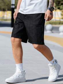 Manfinity Homme Men's Loose Fit Pocketed Wide Leg Denim Shorts - Black - View 4