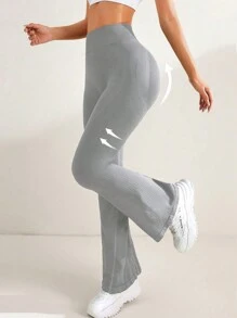 Gameset SHEIN Sport Quần yoga ống loe cạp cao màu trơn tối giản ôm vừa vặn - Màu Xám nhạt - Xem 4