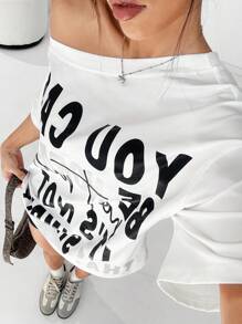 Muchica Letter Print Shoulder-Baring White T-Shirt, Minimalist & Fashionable For Casual Everyday Wear - White - View 1