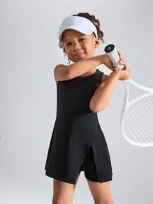 Rochie de sport elastică pentru fete tinere, fără mâneci, cu gâtul turn, cu pantaloni scurți de siguranță anti-sclipire, fustă confortabilă cu design despicat, potrivită pentru tenis, badminton, dans, alergare, sporturi în aer liber, vară